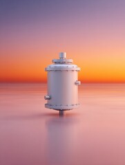 Poster - Cryogenics Cylindrical Nitrogen Storage Container with Vapor Emission and Mechanical Details in Soft Sunset Light for Scientific Preservation and Industrial Technology