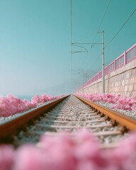 Aufkleber - Modern Parallel Train Tracks with Overhead Power Lines and Vibrant Pink Blossoms Along Stone Wall - Transportation Infrastructure for Sustainable Transit Networks