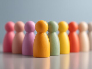 Aufkleber - Colorful Wooden Figurines Representing Diversity and Inclusion in Modern Workplace Teams with Reflective Surface and Social Cohesion Focus