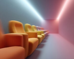 Aufkleber - Futuristic home cinema with colorful motion-responsive seating and ambient architectural lighting showcasing next-gen spatial audio technology and immersive entertainment