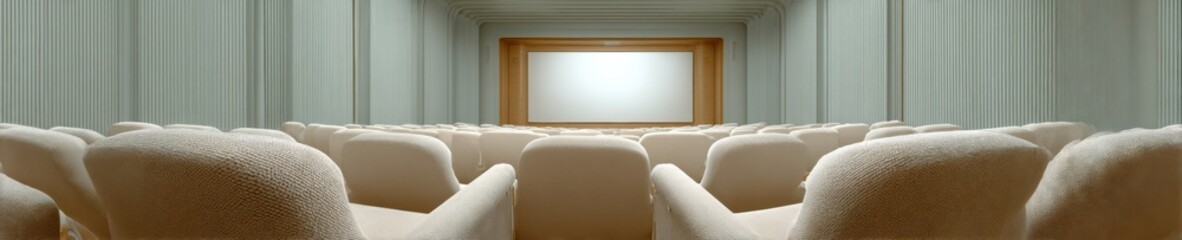 Poster - Modern empty cinema hall with plush seating and spatial audio technology showcasing architectural symmetry for premium audiovisual immersion and theater branding