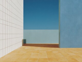 Poster - Minimalist architectural space with grid-patterned tiled walls and clean geometric lines, showcasing modern pastel colors and structural simplicity