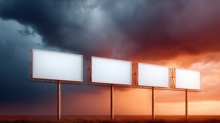 Poster - Industrial Digital Scoreboard Displays on Metal Supports with Blank Screens under Dramatic Sky for Urban Advertising and Public Announcement Systems