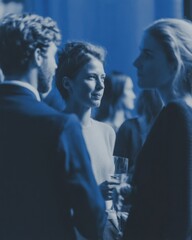 Aufkleber - Networking Executives in Elegant Venue with Ambient Lighting Engaged in Professional Conversation at Business Event for Strategic Collaboration
