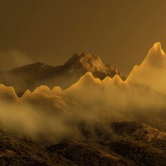 Aufkleber - Abstract Mountain Landscape with Golden Line Graph Overlay Symbolizing Data Trends and Modern Financial Analysis under Moody Atmospheric Conditions