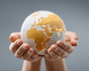 Leinwandbilder - Hands holding a connected digital globe showcasing geospatial technology and global network data integration for GIS and urban planning solutions