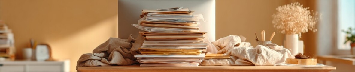 Aufkleber - Overloaded Workspace with Precarious Stacks of Books and Papers Around Computer Monitor Symbolizing Professional Overwhelm and Administrative Chaos