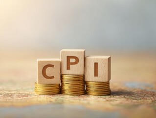 Aufkleber - Wooden CPI Blocks on Stacks of Gold Coins Over World Map - Financial Education and Global Inflation Concept for Business and Economic Analysis