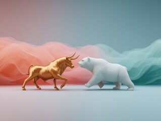 Aufkleber - Metallic Bull and Bear Statues in Combat with Digital Trading Chart Backdrop Symbolizing Asset Allocation and Market Investment Strategies