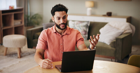 Leinwandbilder - Laptop, video call and man in home with remote work for online meeting, webinar or communication. Computer, freelancer and male journalist on virtual workshop for creative project in apartment.