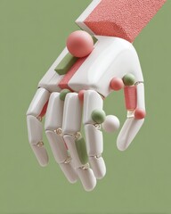Aufkleber - Futuristic robotic hand with colorful textured spheres in minimalist green setting, showcasing advanced materials design and modern tech innovation for industry use