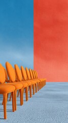 Poster - Vibrant Conference Hall with Orange Chairs and Bold Blue and Red Walls for Modern Corporate Events and Professional Gathering Spaces