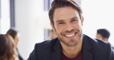 Aufkleber - Happy, business and man with portrait in office for corporate career, bank consultant and management. Male person, accountant and about us, accounting experience and ambition of financial opportunity