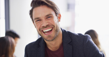 Aufkleber - Portrait, business and man laughing in office for corporate career, bank consultant and management. Male person, accountant and about us, accounting experience and ambition of financial opportunity