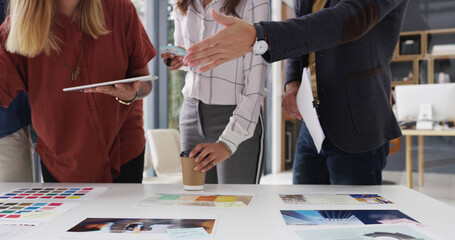Aufkleber - Creative, meeting and hands of people with tablet pointing for planning, collaboration and teamwork. Web design, business and workers with notes, color palette and digital tech for project layout
