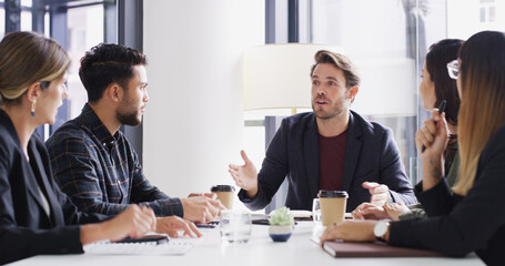 Poster - Briefing, conversation and meeting with business people in office together for discussion or planning. Collaboration, speaking and update with employee group in boardroom for development workshop