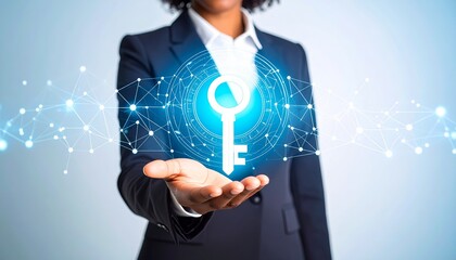 Business person offering digital key. Network structure and key icon