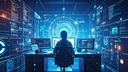 Immersive Coding: Programmer Navigating Digital Realms Amidst Data Visualization