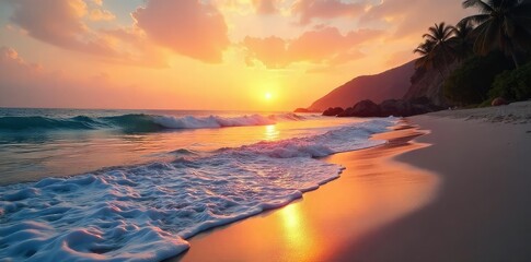 Wall Mural - Serene beach scene at sunset, tranquil waves lapping the shore, perfect for relaxation and evoking feelings of pure bliss and happiness , view, light, bliss