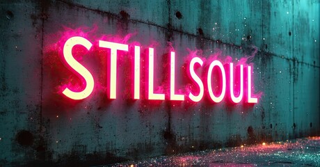 Poster - Bright pink neon sign spells STILLSOUL against textured concrete wall. Dark background, wet pavement reflects light. Dramatic urban scene.
