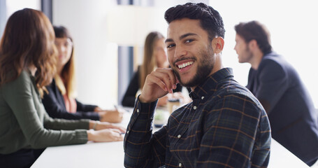 Poster - Portrait, smile or man in boardroom with confidence, group or public relations agency in office. Business, media manager and publicist in meeting for brand awareness, campaign and corporate project