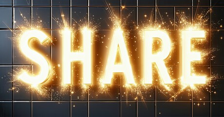Aufkleber - Bright golden SHARE text glows against dark tiled background. Sparks radiate from letters, creating dynamic visual effect.