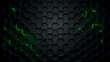 © the last of art - Black honeycomb 3D grid with neon green circuit highlights, layered depth, high contrast, abstract background template, digital brochure vector