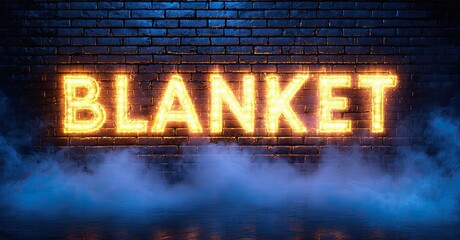 Poster - Bright neon sign spells BLANKET against dark brick wall. Blue smoke fills lower portion image. Dramatic lighting creates intense mood.