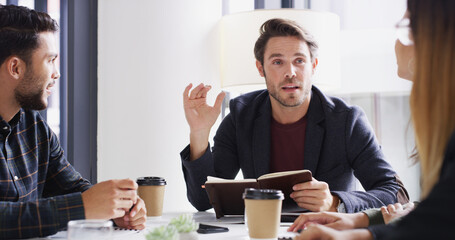 Poster - Meeting, notebook and teamwork with business people in office together for discussion or planning. Collaboration, explain and schedule with employee group in boardroom for development workshop
