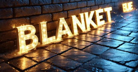 Aufkleber - Bright glowing word blanket rests upon wet brickwork, illuminated against dark background. Dramatic lighting creates intense visual impact.