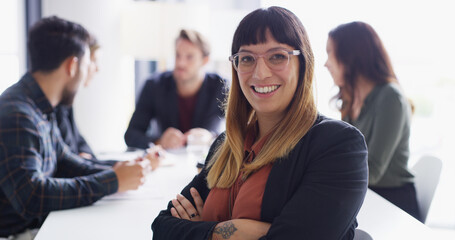 Poster - Portrait, worker or happy woman in boardroom with arms crossed, group or public relations agency. Business, media manager and confident publicist in meeting for brand awareness, campaign and project