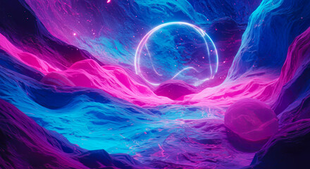 Wall Mural - Surreal Neon Landscape with Glowing Orb and Pink Purple Mountains Abstract Digital Art Cosmic Dreamscape Synthwave Background Sci Fi Fantasy