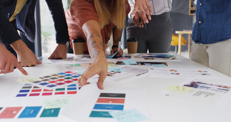 Aufkleber - Hands, meeting and group with color, swatch and choice for marketing campaign at startup company. People, team and spectrum with collaboration, decision or brainstorming with design process at agency