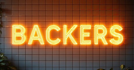 Poster - Bright neon sign spells BACKERS against tiled wall. Plants visible near edges, dark background creates contrast.