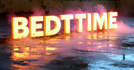 Leinwandbilder - Bright bedtime text glows above wet surface. Pink, orange hues create dramatic lighting, smoky atmosphere.