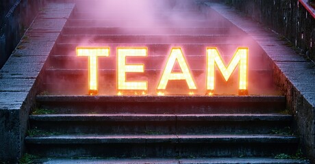 Aufkleber - Bright word TEAM illuminated on concrete steps. Pink light creates dramatic, powerful visual effect. Dark background emphasizes message.