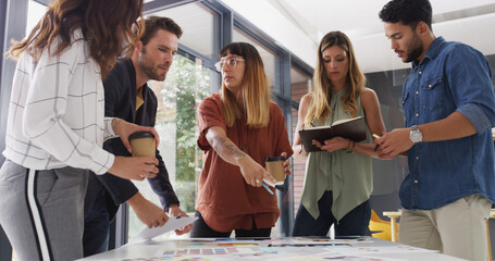 Poster - Creative, meeting and business people in office for planning, teamwork and ideas for book design. Publishing agency, discussion and workers with notes, color palette and editorial layout for print