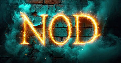 Aufkleber - Fiery text spelling NOD over brick wall. Dramatic lighting, smoke effects create intense visual impact. Bold typography dominates composition.