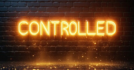 Poster - Bright neon sign displays Controlled against dark brick wall. Golden sparkles illuminate floor below text. Dramatic lighting creates intense mood.