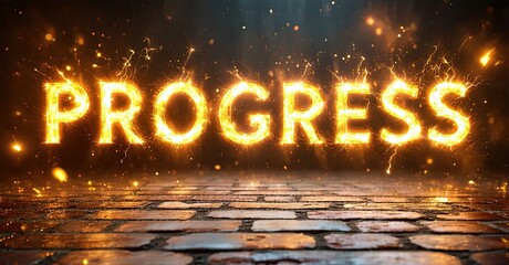 Poster - Bright word PROGRESS glows intensely. Dark background, brick surface below text. Sparks radiate from letters, creating dramatic effect.