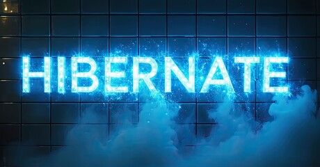 Poster - Bright neon sign displays HIBERNATE. Blue light emanates from text, with smoke below against dark tiled background. Dramatic, cool aesthetic.