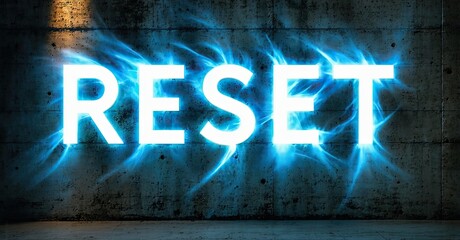 Aufkleber - Bright neon word RESET illuminates concrete wall. Electric energy radiates from letters, creating dramatic effect. Dark background emphasizes glow.