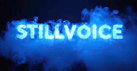 Poster - Bright blue text reads STILLVOICE amid swirling smoke. Dark background creates dramatic visual impact. Minimalist design focuses attention on message.