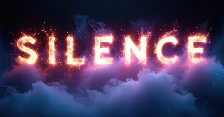 Aufkleber - Fiery text spells SILENCE against dark, smoky purple background. Dramatic lighting creates intense visual impact.