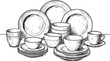 © Orion Draw - Elegant Dish Set Woodcut Illustration, Timeless Kitchenware Draw