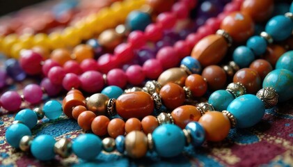 Wall Mural - Colorful beaded necklaces displayed on fabric, vibrant, unique