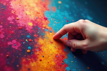 Wall Mural - Fingers gently touching vibrant abstract painting, closeup, surface