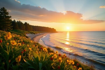 Wall Mural - Golden hour sunlight bathes a tranquil Estonian coastline in summer , wildlife, landscape, dunes