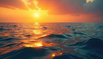 Wall Mural - Golden sunset over tranquil ocean, hazy horizon, color, sky