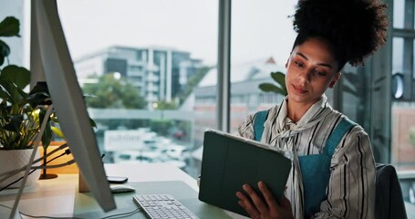 Leinwandbilder - Office, review and woman with tablet, computer and web designer with tech, online and visual design. Business, employee and person with app for project, planning and brand identity on social media